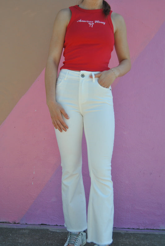 White Raw Hem Straight Leg Jeans