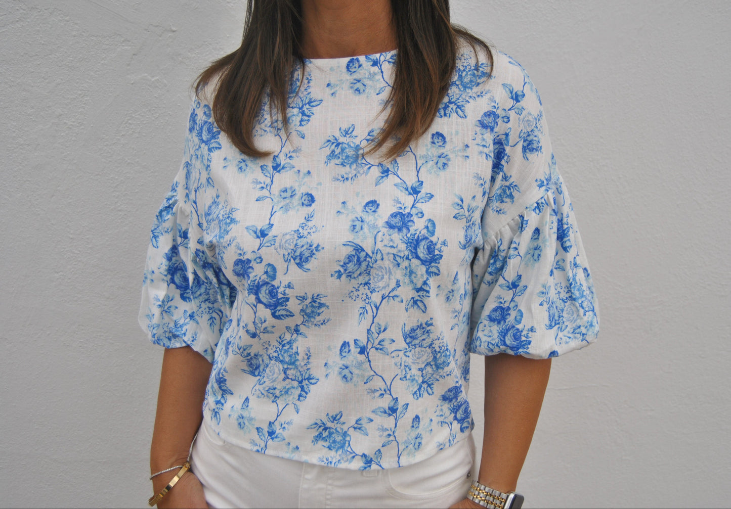 Blue Floral Puff Sleeve Top