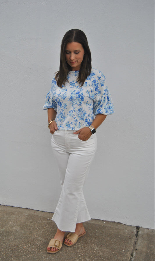 Blue Floral Puff Sleeve Top