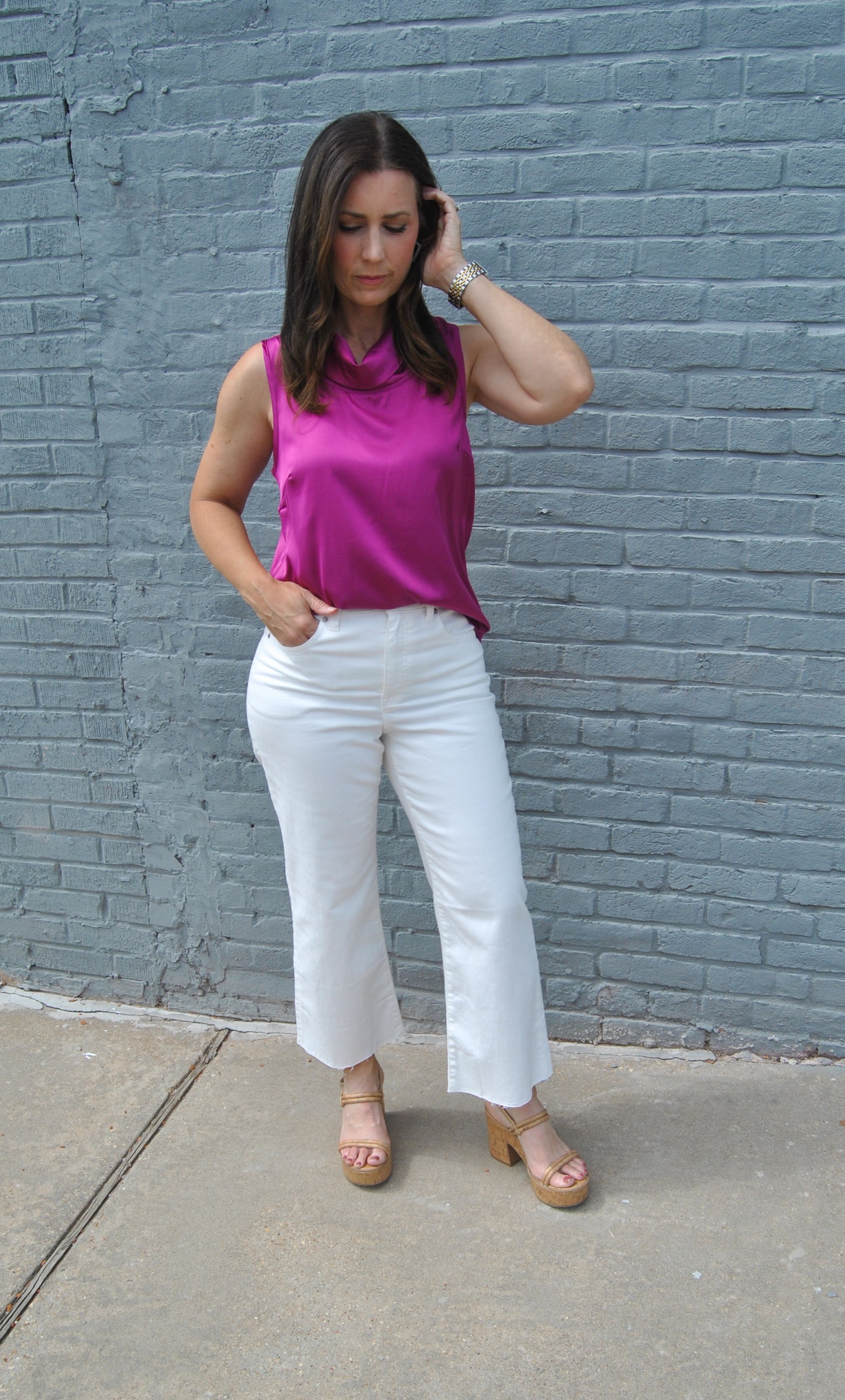 Sleeveless Cowl Neck Satin Blouse