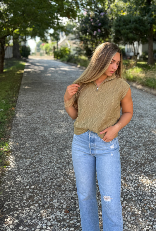 Half Zip Sleeveless Cable Sweater Top