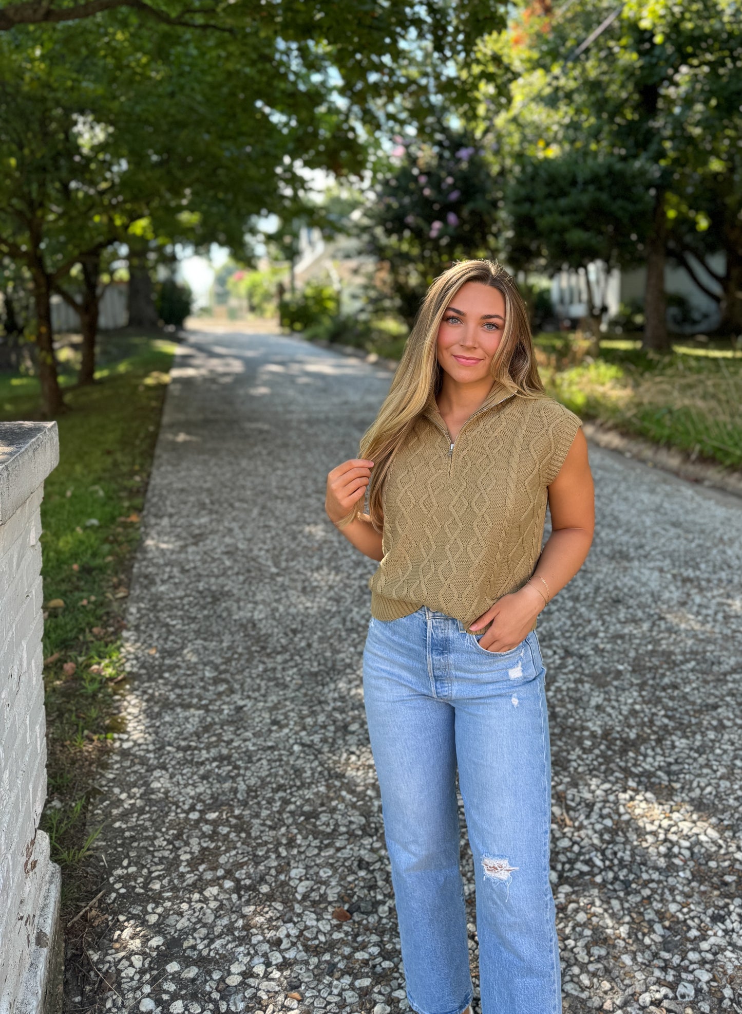 Half Zip Sleeveless Cable Sweater Top