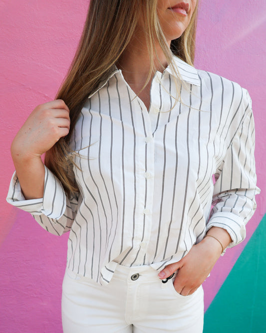 White and Black Button Down Top
