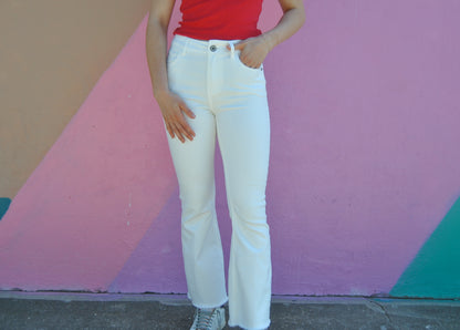 White Raw Hem Straight Leg Jeans