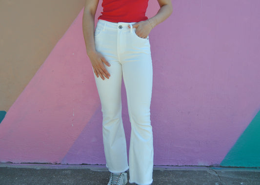 White Raw Hem Straight Leg Jeans