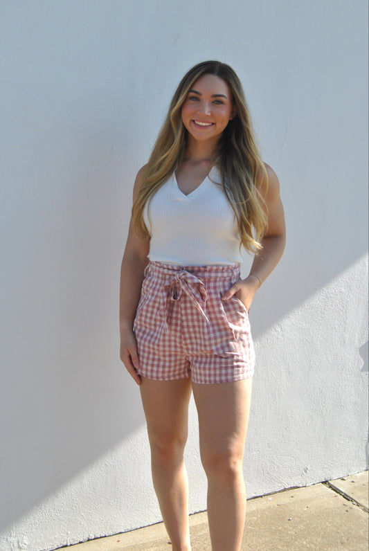 High Waist Checkered Paperbag Shorts