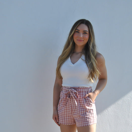 High Waist Checkered Paperbag Shorts