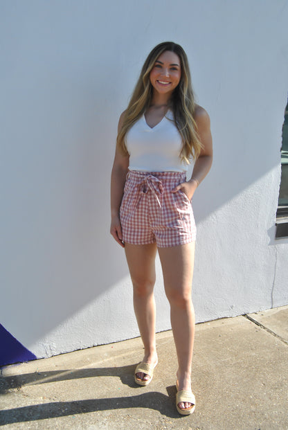 High Waist Checkered Paperbag Shorts