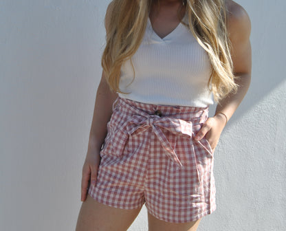 High Waist Checkered Paperbag Shorts