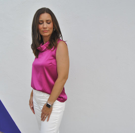 Sleeveless Cowl Neck Satin Blouse