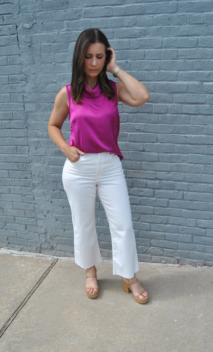 Sleeveless Cowl Neck Satin Blouse