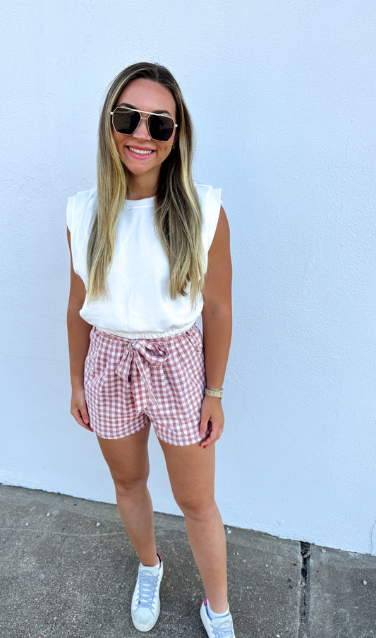 High Waist Checkered Paperbag Shorts