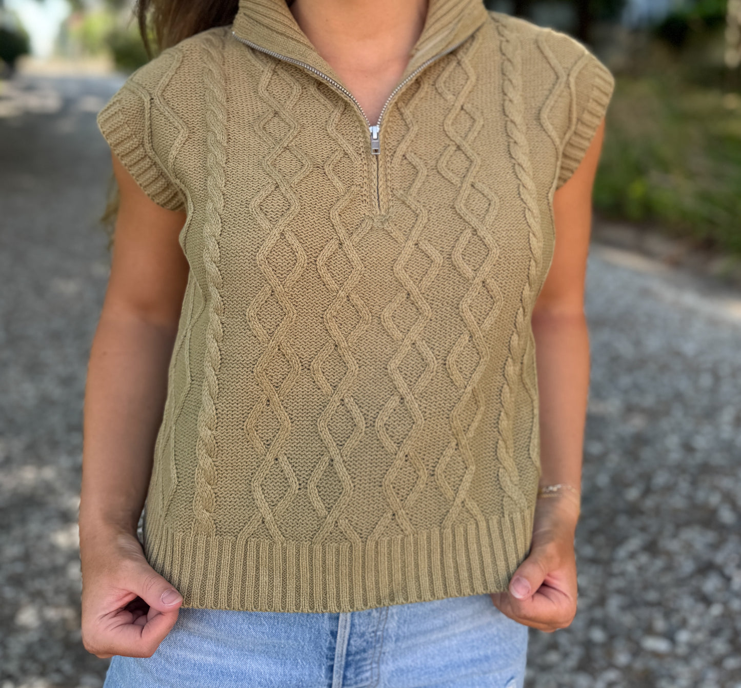 Half Zip Sleeveless Cable Sweater Top