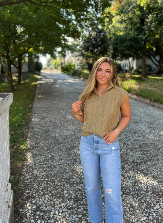 Half Zip Sleeveless Cable Sweater Top