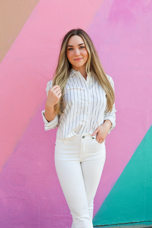 White and Black Button Down Top